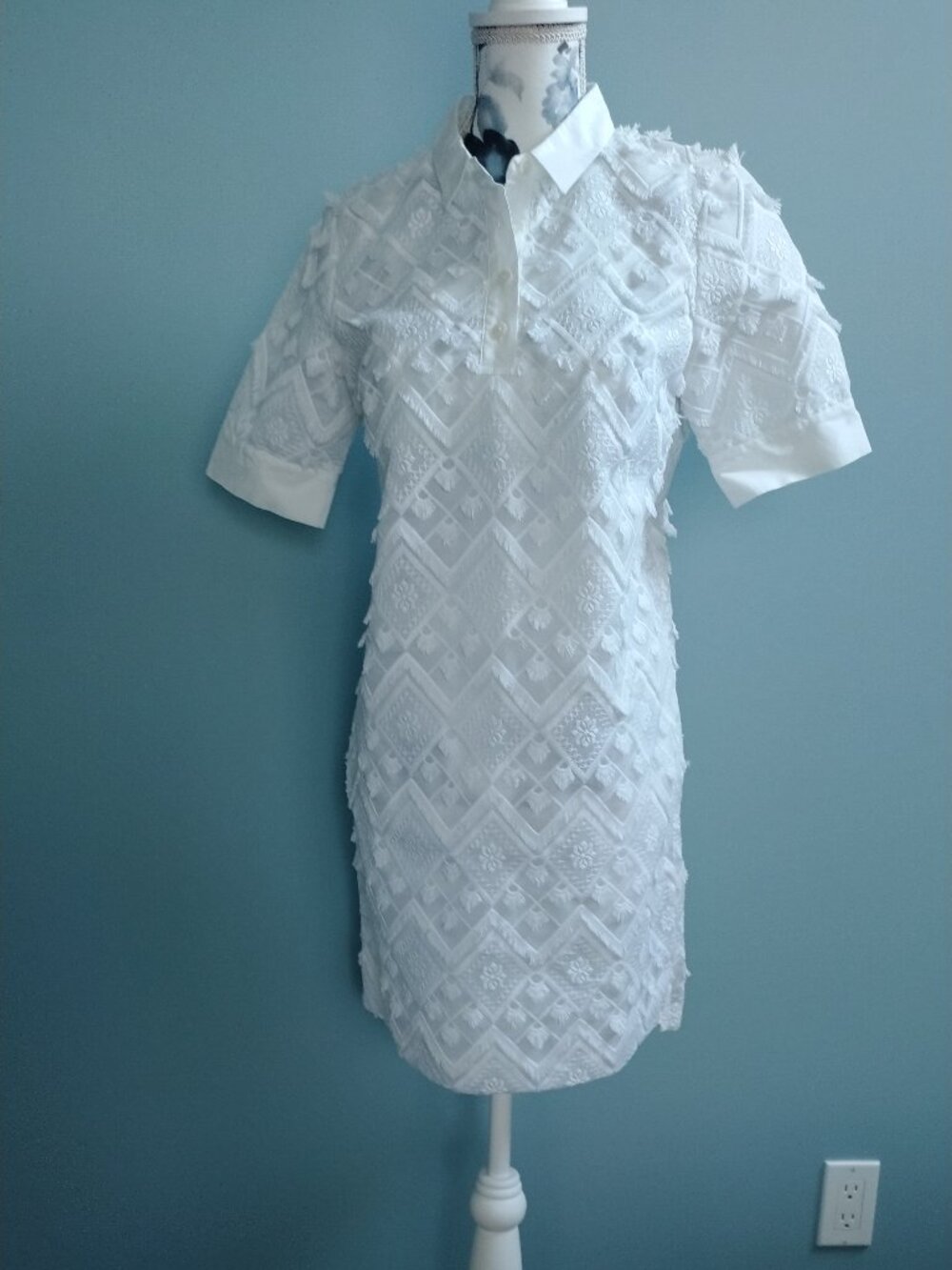 Banana Republic Embroidered Fringe Polo Collar Shift Dress White XS P
